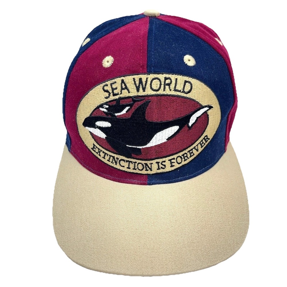 Vintage‎ Sea World Hat Cap Snapback Blue Colorblock Pinwheel  Whale Logo 90s Y2K